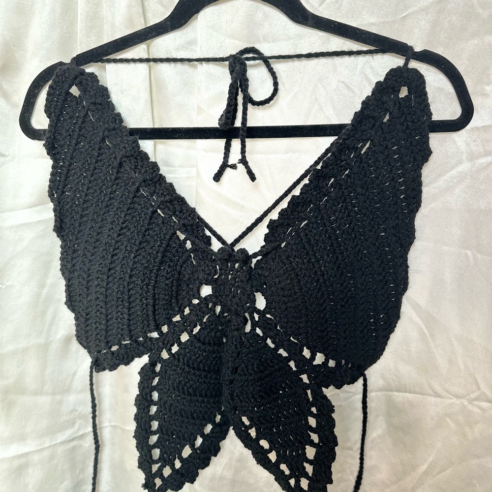 Black Butterfly Crochet Halter Top